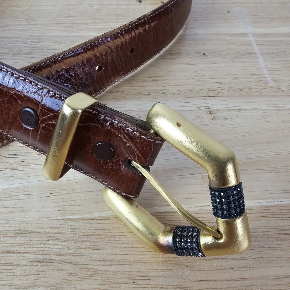 JUDITH JACK Womens Brown Leather Belt‎ MADE IN USA Size Medium Gold Buckle